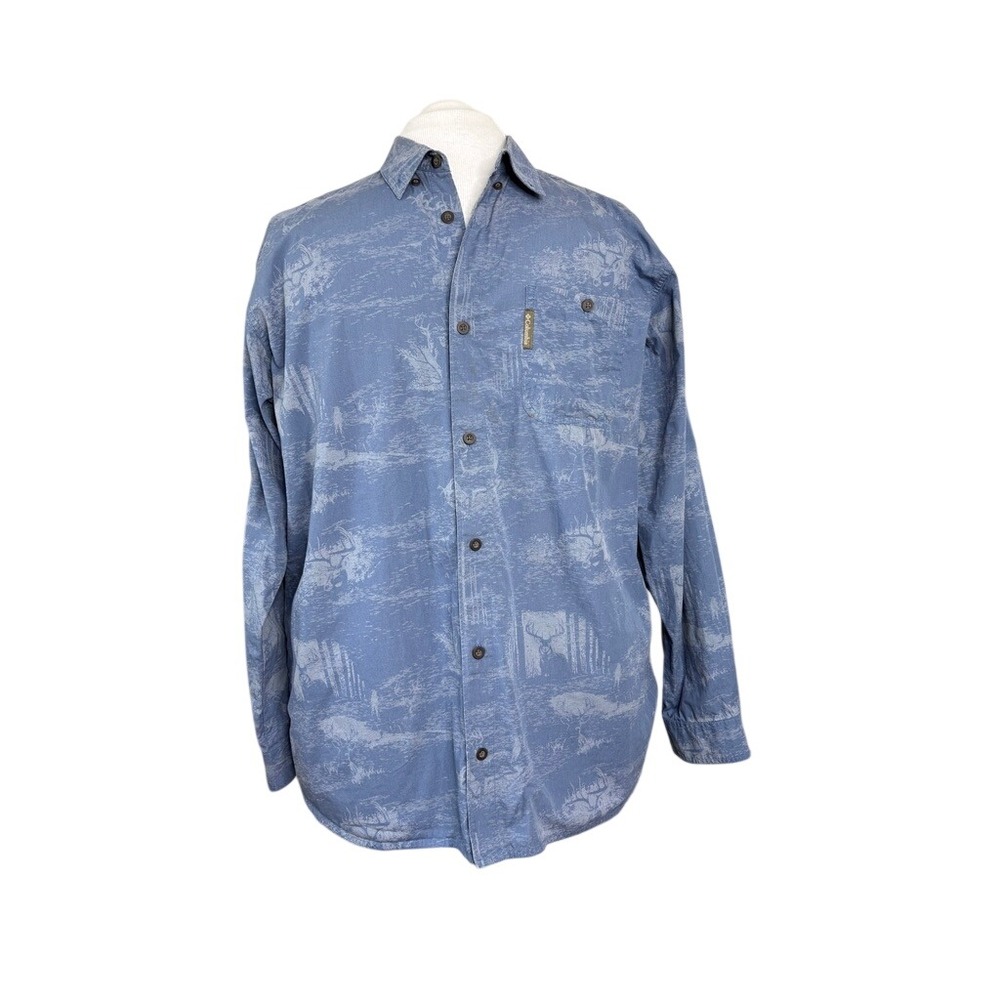 Columbia River Lodge Blue Chambray Button Down‎ Deer Outdoor Shirt LARGE AOP